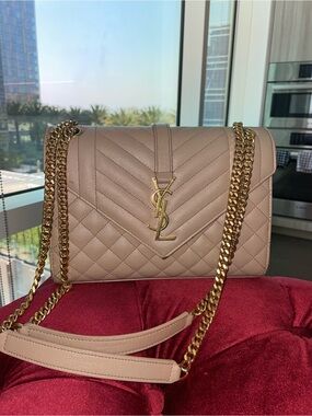 Saint Laurent Quilted Chain Shoulder Bag in Dark Beige